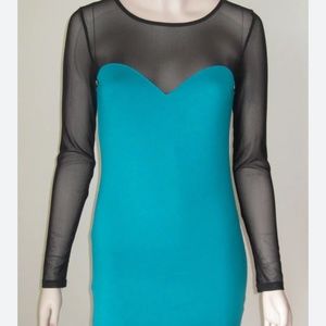 Forever 21 mesh long sleeve teal mini dress NWOT